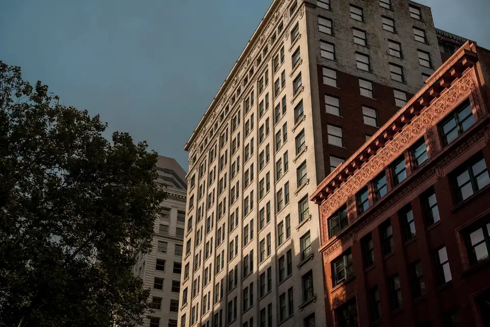 Brick and stone buildings on a hill in central Seattle at dusk