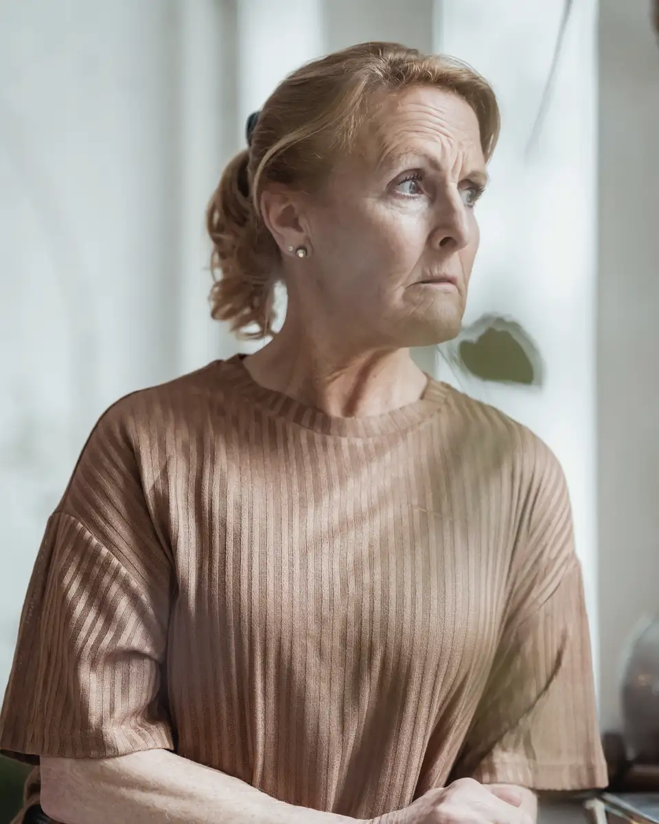 A woman in her sixties sitting by a window, looking out, in soft daylight