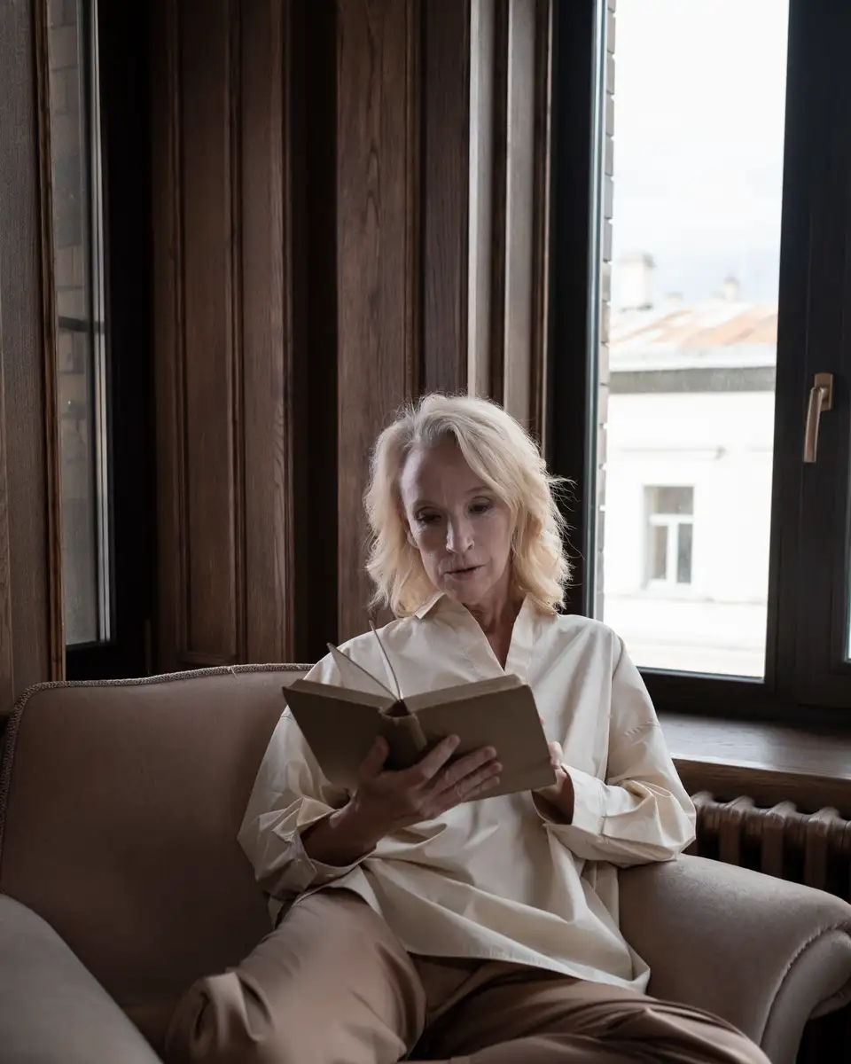 A woman reading in an armchair by a tall window, in a calm room